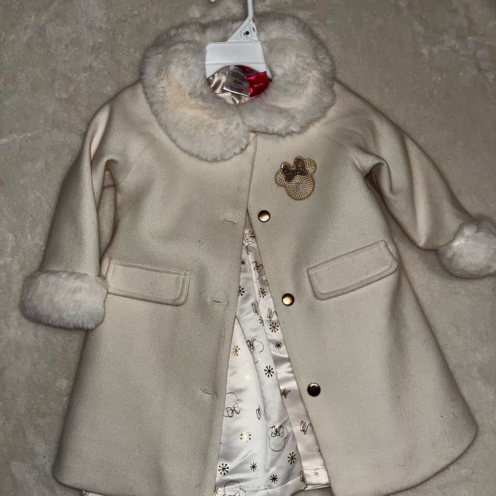 Disney Minnie Mouse 2T Holiday Dress & Faux Fur Trim Coat Set - Cream/Gold